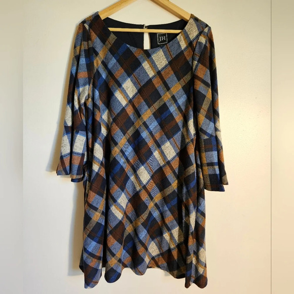 JH blue/ tan plaid 3/4 bell sleeve,petite XL a- line dress, lined - Picture 1 of 14